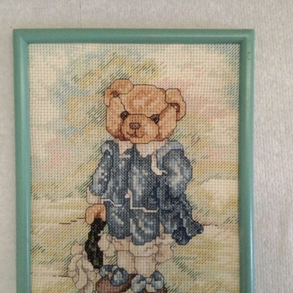 Janlynn BEAR - BLUE BOY SUIT Cross Stitch finished framed small home decor - Picture 2 of 5
